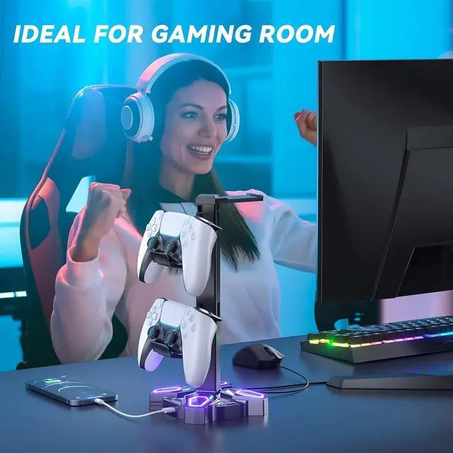 Alt view image 7 of 7 - KDD Gaming Headphones Stand, Rotatable Headset Stand with Light Modes - Controller Holder with 2 USB Charging Ports and 3.5mm - Earphone Hanger Accessories for Desktop Gamer(Black)