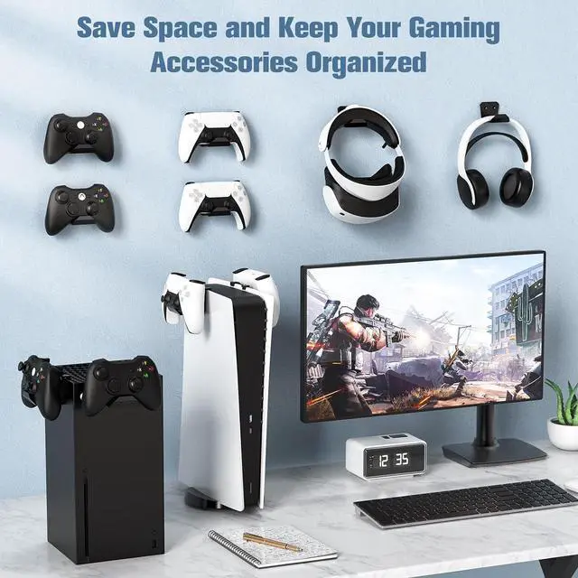 Alt view image 2 of 6 - KUNSLUCK 6 Pack Controller Wall Mount Universal Game Controller Holder for PS5, Xbox, Switch Adhesive or Screw Installation Headset & Controller Storage Hook (Black)