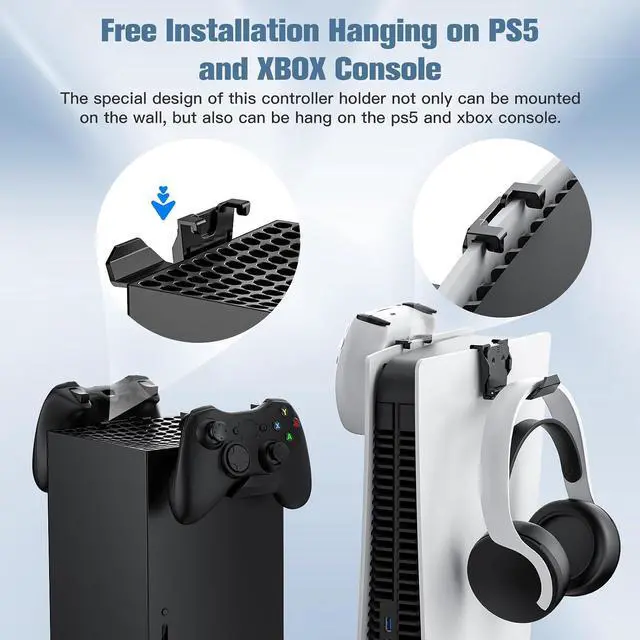 Alt view image 4 of 6 - KUNSLUCK 6 Pack Controller Wall Mount Universal Game Controller Holder for PS5, Xbox, Switch Adhesive or Screw Installation Headset & Controller Storage Hook (Black)