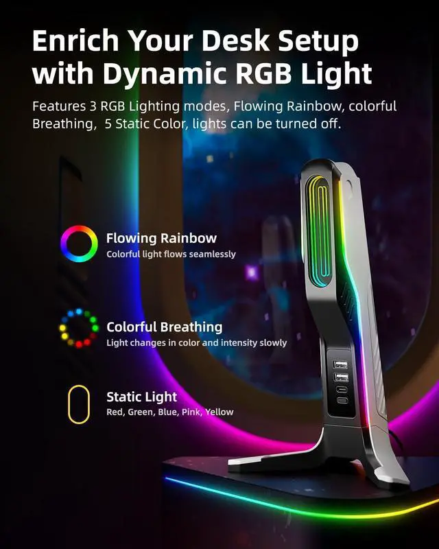 Alt view image 3 of 7 - RGB Gaming Headset Stand with 2 USB and 1 Type-C Ports, Game Headphone Mount for PC Computer, Xbox One, Xbox Series S/X, PS5, PS4, Earphone Holder Hanger, Desk Gamer Accessories, Black&White