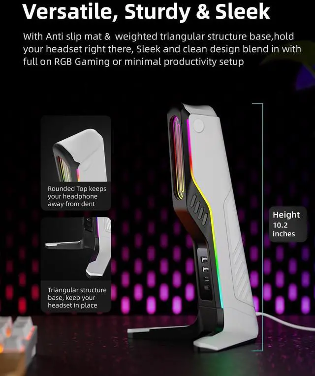 Alt view image 5 of 7 - RGB Gaming Headset Stand with 2 USB and 1 Type-C Ports, Game Headphone Mount for PC Computer, Xbox One, Xbox Series S/X, PS5, PS4, Earphone Holder Hanger, Desk Gamer Accessories, Black&White