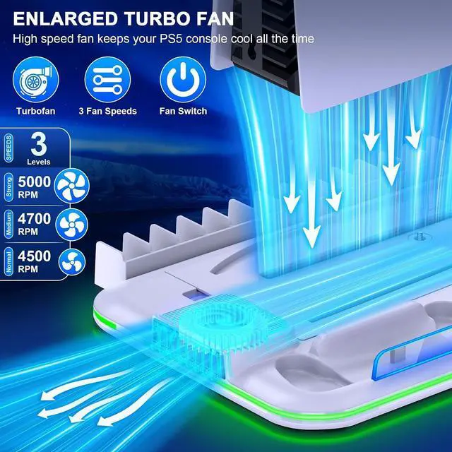 Alt view image 2 of 7 - PS5/Slim/Pro Stand and Cooling Station with Controller Charging Station for Digital/Disc, PS5 Accessories Incl. 3 Levels Cooling Fan, LED Light, 15 Game Storage, Headset Holder for Playsation 5 White