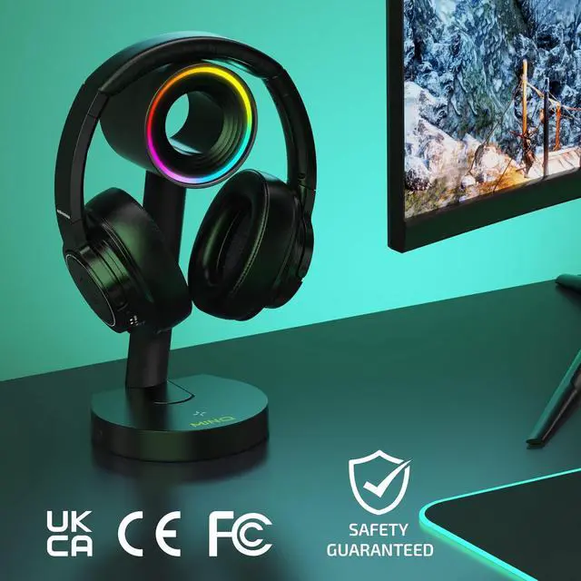 Alt view image 7 of 7 - MINQ RGB Ring Shape Headphones Stand for Desk - Wireless Phone Charger Stand - Gamer Headset Stand, Airpod Max Stand - USB, USB C Charging & Aux - Perfect Gaming Accessories - Black
