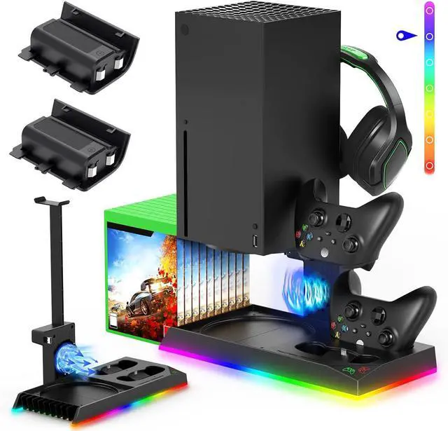 Main image of Upgrade Stand for Xbox Series X with Back Cooling Fan& RGB Lights, Charging Station with Controller Charger Dock &Game Storage Rack Organizer& Headset Stand with 2X1400 mAh Rechargeable Battery Pack