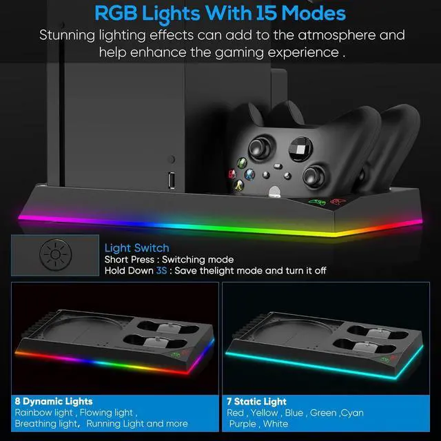 Alt view image 4 of 7 - Upgrade Stand for Xbox Series X with Back Cooling Fan& RGB Lights, Charging Station with Controller Charger Dock &Game Storage Rack Organizer& Headset Stand with 2X1400 mAh Rechargeable Battery Pack