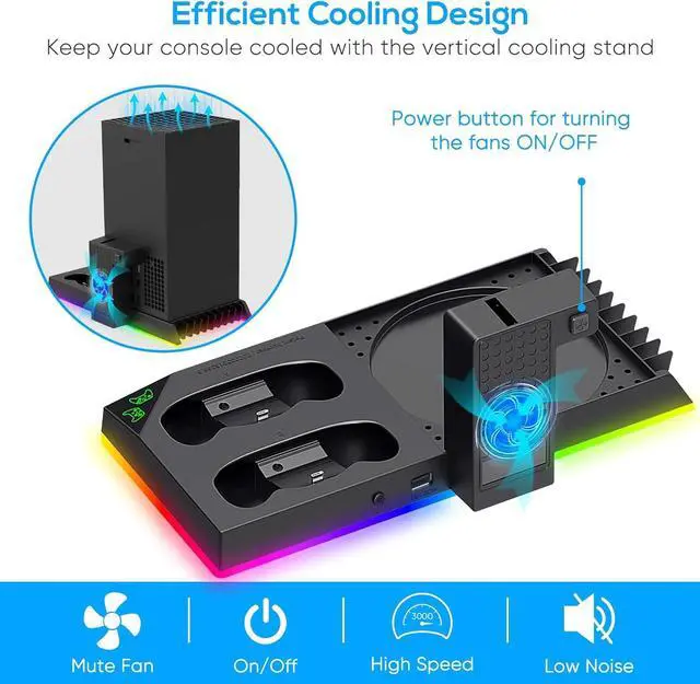 Alt view image 5 of 7 - Upgrade Stand for Xbox Series X with Back Cooling Fan& RGB Lights, Charging Station with Controller Charger Dock &Game Storage Rack Organizer& Headset Stand with 2X1400 mAh Rechargeable Battery Pack