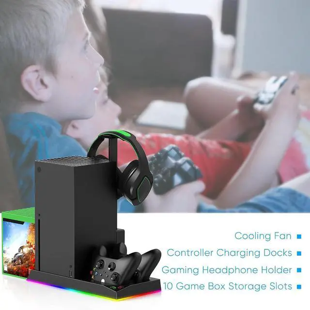 Alt view image 7 of 7 - Upgrade Stand for Xbox Series X with Back Cooling Fan& RGB Lights, Charging Station with Controller Charger Dock &Game Storage Rack Organizer& Headset Stand with 2X1400 mAh Rechargeable Battery Pack