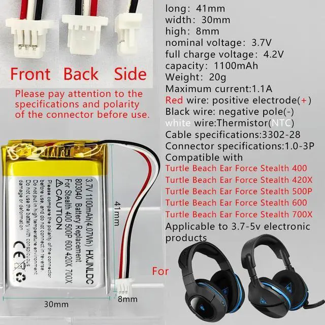 Alt view image 2 of 7 - 3.7V 803040 1100mAh Battery Replacement for Turtle Beach Ear Force Stealth 400 420X 500P 600 700X Gen 2 Wireless Surround Sound Gaming Headset
