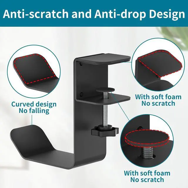 Alt view image 3 of 7 - Clamp-On Under Desk Headphone Holder/Backpack Hook/PC Gaming Headset Headphone Hanger Mount, Provides a Convenient Place to Hang Headsets or Bags