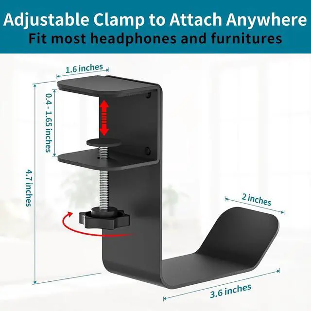 Alt view image 6 of 7 - Clamp-On Under Desk Headphone Holder/Backpack Hook/PC Gaming Headset Headphone Hanger Mount, Provides a Convenient Place to Hang Headsets or Bags