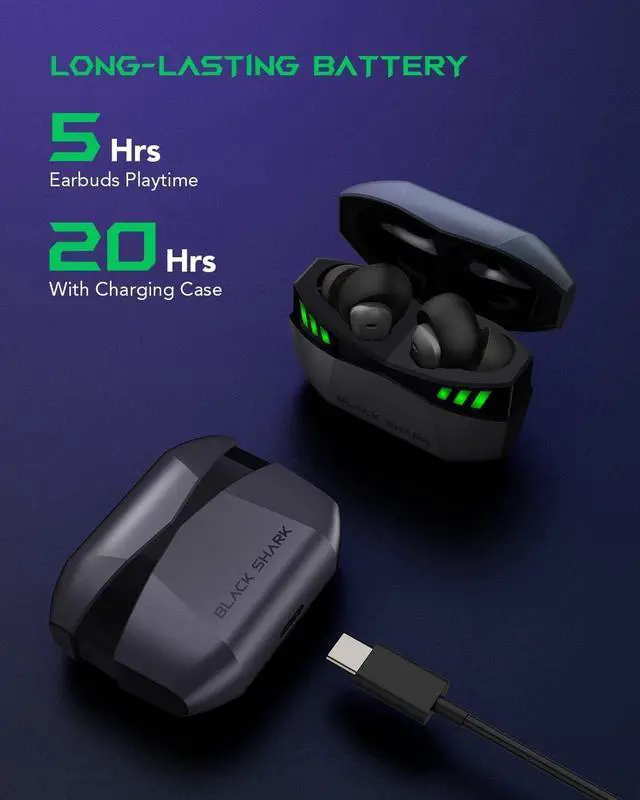 Alt view image 5 of 7 - Black Shark Wireless Gaming Earbuds with Charging Case, Hi-Fi Stereo Bluetooth Game Earphones with Noise Cancelling Microphone, IPX5 Waterproof Premium Deep Bass for iPhone Android Sport Workout Music