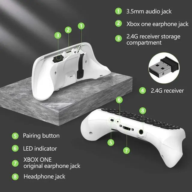 Alt view image 6 of 7 - TiMOVO Green Backlight Keyboard for Xbox One, Xbox Series X/S,Wireless Chatpad Message KeyPad with Headset & Audio Jack,Mini Game Keyboard Fit Xbox One/One S/One Elite/2, 2.4G Receiver Included, White