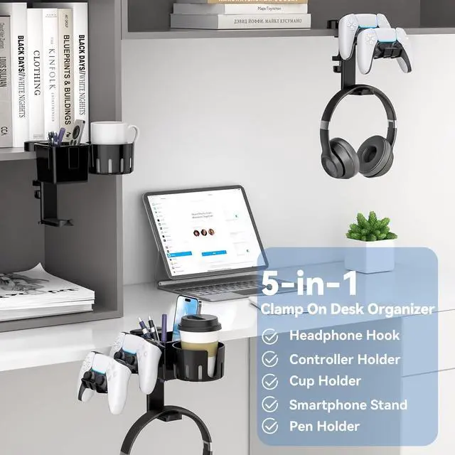 Alt view image 2 of 7 - KDD 5 in 1 Desk Controller Holder - Rotating Headphone Hanger with Cup Holder - Clamp On Desk Organizer Holds Controller, Headphone, Cup, Mobile Phone and Pen(Black)