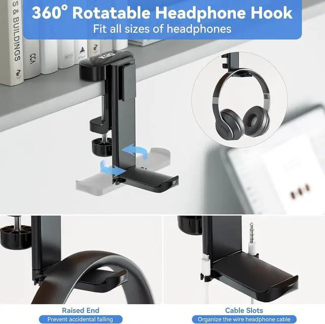 Alt view image 3 of 7 - KDD 5 in 1 Desk Controller Holder - Rotating Headphone Hanger with Cup Holder - Clamp On Desk Organizer Holds Controller, Headphone, Cup, Mobile Phone and Pen(Black)
