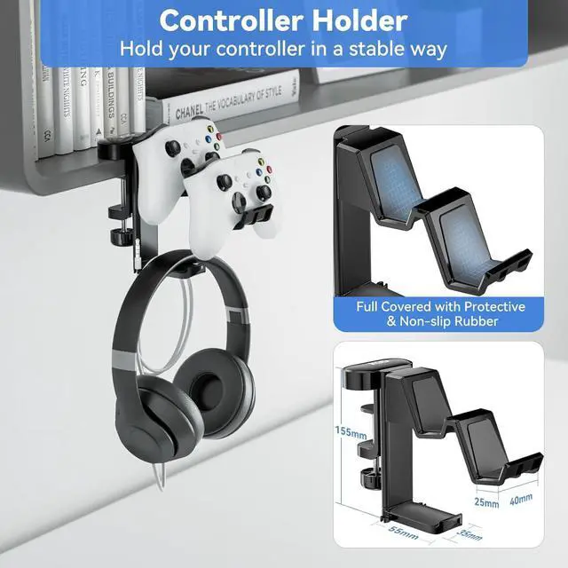 Alt view image 4 of 7 - KDD 5 in 1 Desk Controller Holder - Rotating Headphone Hanger with Cup Holder - Clamp On Desk Organizer Holds Controller, Headphone, Cup, Mobile Phone and Pen(Black)