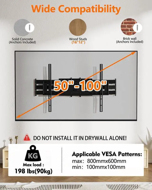 Alt view image 2 of 7 - FORGING MOUNT Heavy Duty TV Wall Mount, Dual Articulating Arm Full Motion TV Wall Mount Bracket with 43 inch Long Arm,Fits 50 to 100 Inch TVs, Holds up to 198 lbs,Max VESA 800x600mm