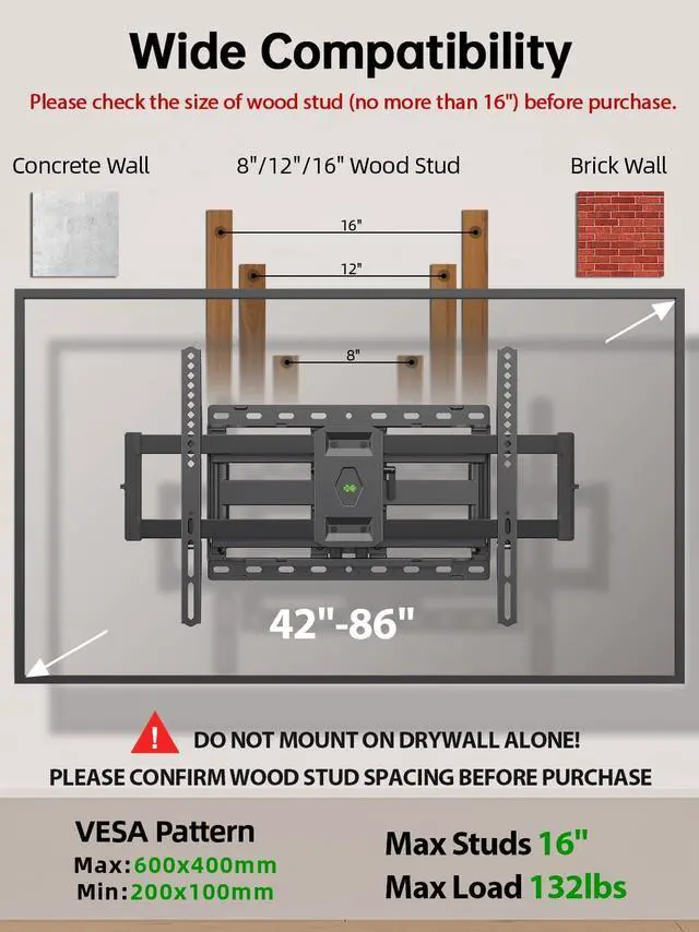 Alt view image 2 of 7 - USX Mount Full Motion TV Wall Mount for Most 42-86 inch Flat Screen/LED/4K, TV Mount Bracket Dual Swivel Articulating Tilt 6 Arms, Fits 8 12 16" Wood Studs,Max VESA 600x400mm, Holds up to 132lbs