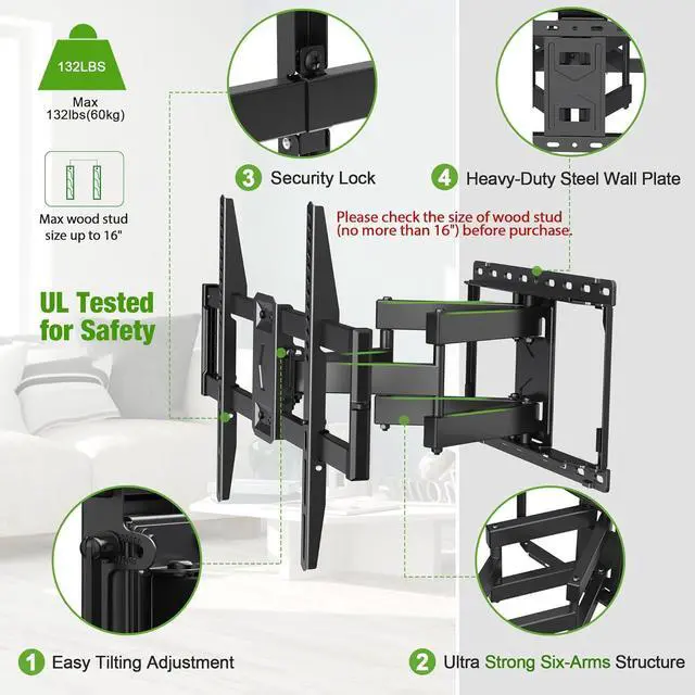 Alt view image 4 of 7 - USX Mount Full Motion TV Wall Mount for Most 42-86 inch Flat Screen/LED/4K, TV Mount Bracket Dual Swivel Articulating Tilt 6 Arms, Fits 8 12 16" Wood Studs,Max VESA 600x400mm, Holds up to 132lbs