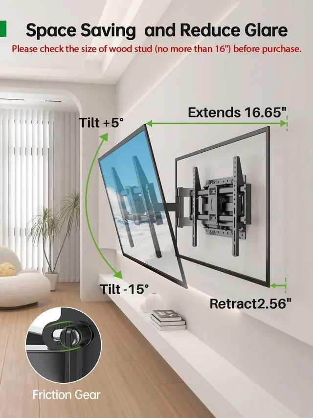 Alt view image 7 of 7 - USX Mount Full Motion TV Wall Mount for Most 42-86 inch Flat Screen/LED/4K, TV Mount Bracket Dual Swivel Articulating Tilt 6 Arms, Fits 8 12 16" Wood Studs,Max VESA 600x400mm, Holds up to 132lbs
