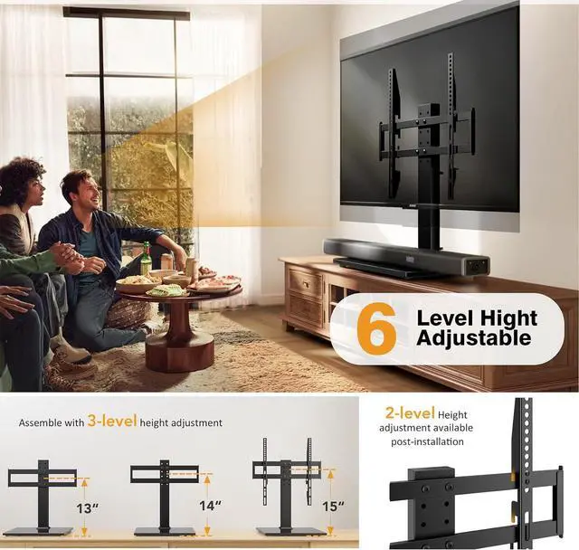 Alt view image 3 of 7 - Universal TV Stand - Table Top TV Stand for 27-60 inch LCD LED TVs - 6 Level Height Adjustable TV Base Stand with Tempered Glass Base & Wire Management, VESA 400x400mm