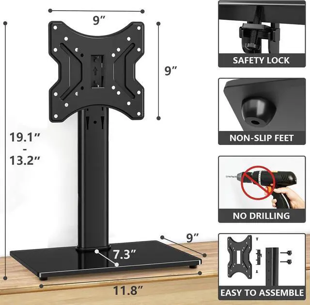 Alt view image 5 of 7 - TVON Universal TV Stand Base, Swivel Table Top TV Stand for 20-43 inch TVs/Monitors with 4 Level Height Adjustment and Tempered Glass Base, Holds up to 88 Lbs, VESA 200x200mm