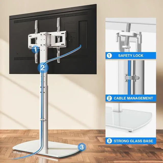 Alt view image 6 of 7 - YOMT Universal TV Floor Stand with Mount for 27-70 Inch LCD LED OLED TVs, Swivel Height Adjustable Tall TV Stand, Space Saving Design for Corner Bedroom Living Room, White