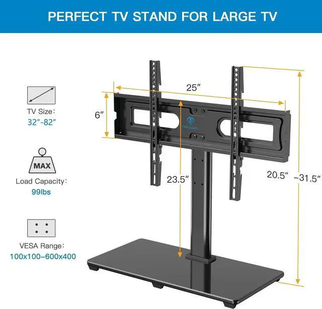 Alt view image 6 of 7 - PERLESMITH Universal TV Stand Table Top TV Base for 32-82 inch LCD LED OLED 4K Flat Screen TVs-Height Adjustable TV Mount Stand with Tempered Glass Base, VESA 600x400mm, Holds up to 99lbs PSTVS11