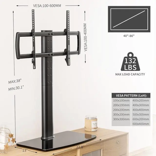 Alt view image 6 of 7 - Universal Swivel TV Stand/Base Table Top Stand 40 to 86 inch TVs 110 Degree Swivel, 5 Level Height Adjustable, Heavy Duty Tempered Glass Base, Holds up 132lbs Screens, HT04B-003