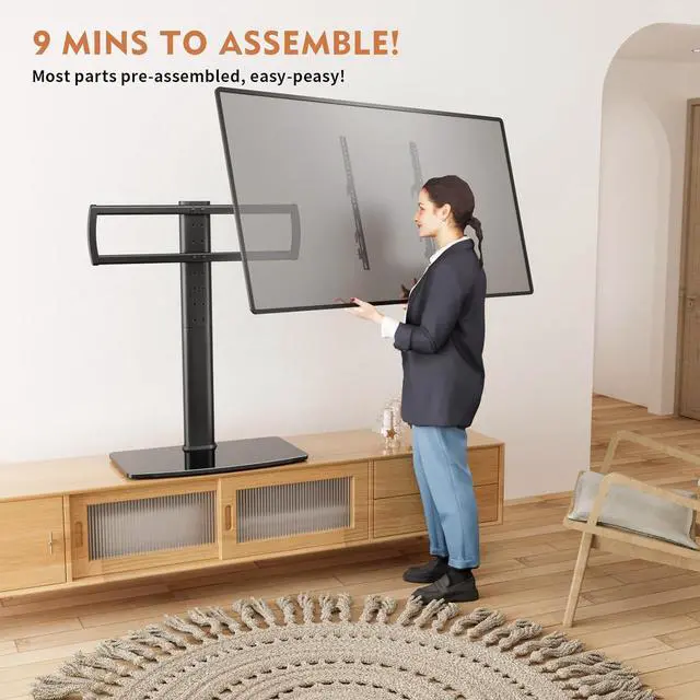 Alt view image 5 of 7 - Universal Swivel TV Stand/Base Table Top Stand 40 to 86 inch TVs 110 Degree Swivel, 5 Level Height Adjustable, Heavy Duty Tempered Glass Base, Holds up 132lbs Screens, HT04B-003