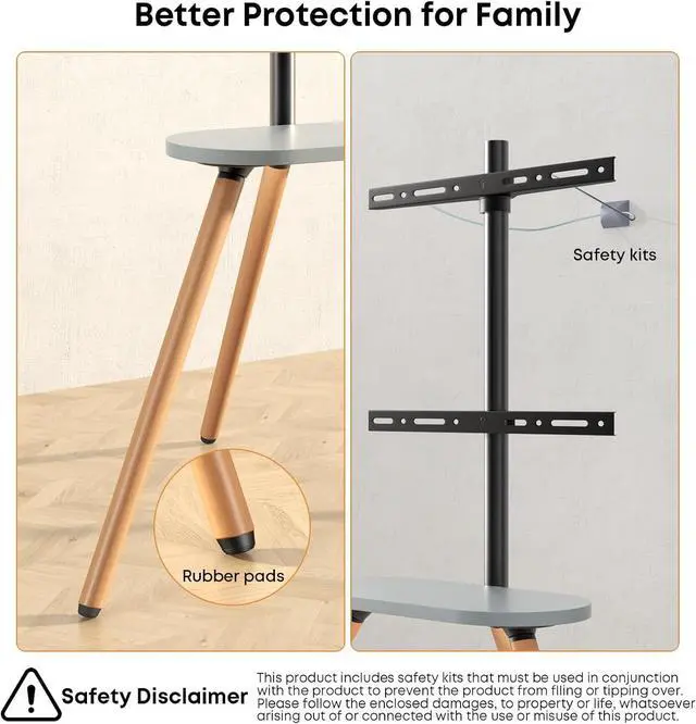 Alt view image 4 of 7 - PUTORSEN Easel TV-Stand for 43-65-Inch Screens - Portable Swivel Tripod TV Stand with Wooden Tray, Height Adjustable TV Floor Stand, Max Load 77 lbs, Max VESA 400x400 mm, Black