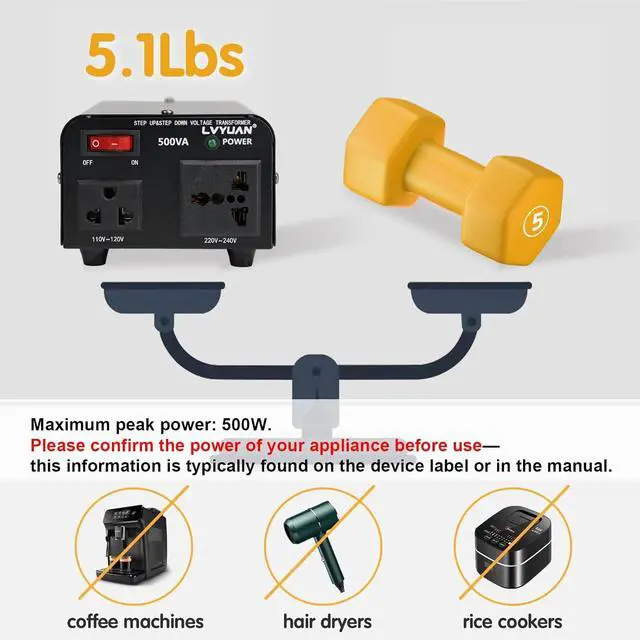 Alt view image 2 of 7 - Yinleader 500W Voltage Transformer Power Converter(110V to 220V, 220V to 110V) Step Up/Down Converter 110/120 Volt - 220/240 Volt w/US Power Cord [300W Continuous Power]