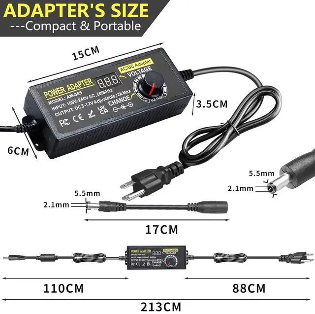 Alt view image 3 of 7 - Universal Power Supply Adjustable 3V~12V 12A 144W Variable Switching Power Adapter 100V-240V AC to DC Converter Transformer with 14 Tips&Polarity Converter,LED Voltage Display3V4V5V6V7V8V9V10V11V12V