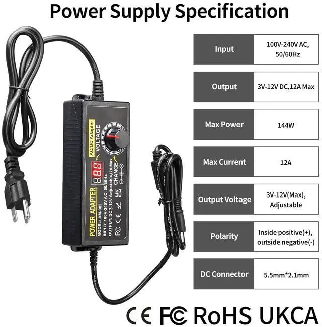 Alt view image 6 of 7 - Universal Power Supply Adjustable 3V~12V 12A 144W Variable Switching Power Adapter 100V-240V AC to DC Converter Transformer with 14 Tips&Polarity Converter,LED Voltage Display3V4V5V6V7V8V9V10V11V12V