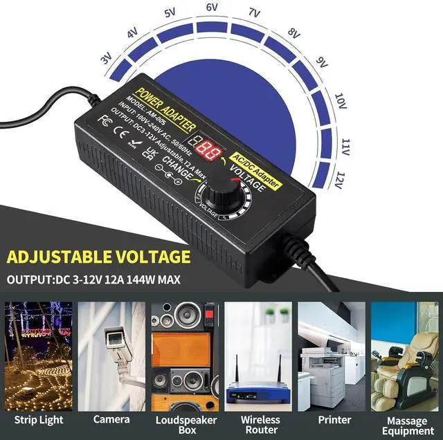 Alt view image 5 of 7 - Universal Power Supply Adjustable 3V~12V 12A 144W Variable Switching Power Adapter 100V-240V AC to DC Converter Transformer with 14 Tips&Polarity Converter,LED Voltage Display3V4V5V6V7V8V9V10V11V12V