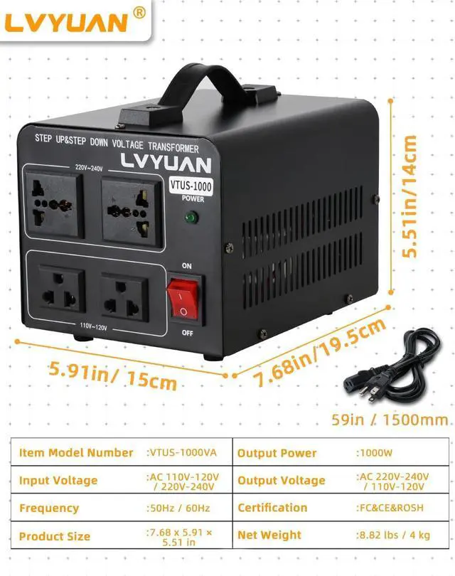 Alt view image 7 of 7 - LVYUAN Voltage Converter Transformer 1000 Watt Step Up/Down Convert from 110V-120V to 220V-240Vt and from 220V-240V to 110V-120V with 2 US outlets, 2 Universal outlets, Resettable Circuit Breaker