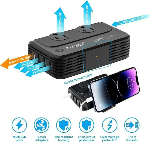 Alt view image 4 of 7 - ALLWEI Travel Voltage Converter 220V to 110V Power International Travel Adapter for Hair Straightener/Curling Iron, Universal Power Plug Adapter UK, US, AU, EU, IT, India (Black)