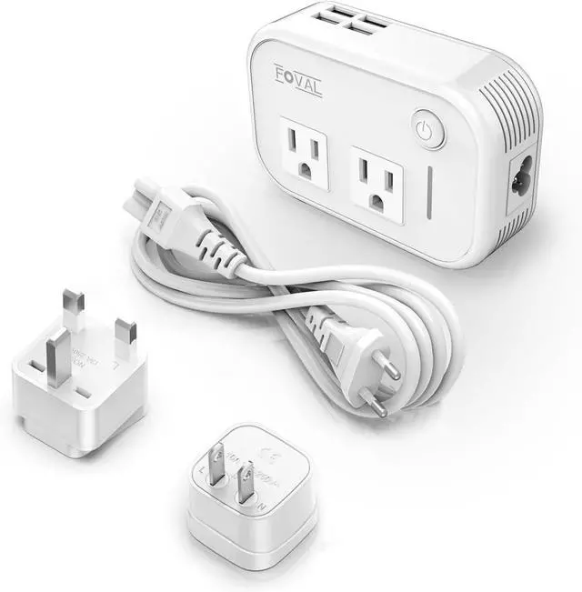Main image of FOVAL Power Step Down 220V to 110V Travel Voltage Converter International Power Adapter for Hair Straightener/Curling Iron with 4-Port USB Charging US/UK/AU/EU Universal Plug Adapter (White)