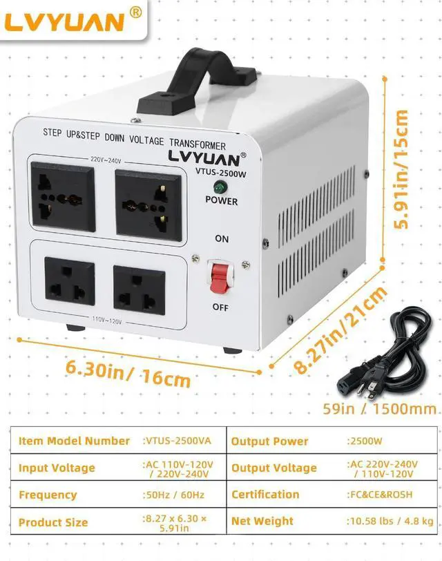Alt view image 7 of 7 - LVYUAN 2500W Voltage Transformer Power Converter Step Up 110V to 220V, Step Down 220V to 110V, 110/120 Volt - 220/240 Volt