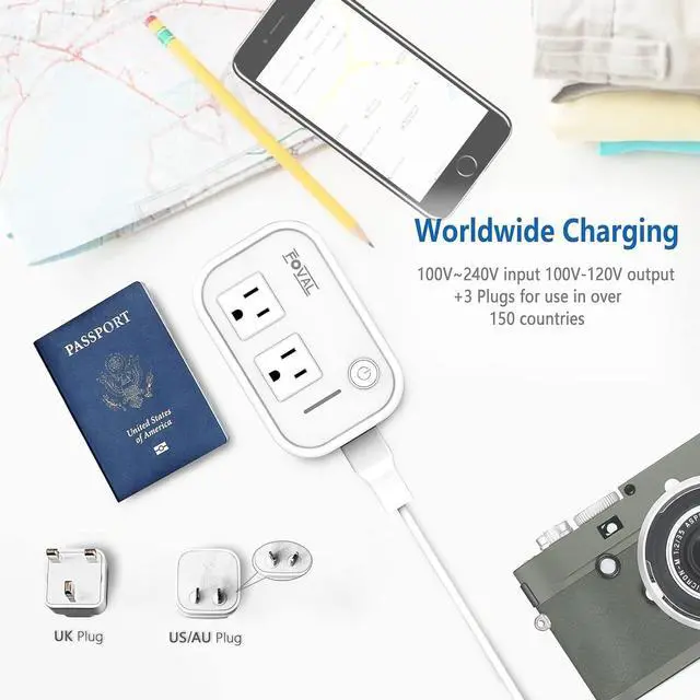 Alt view image 7 of 7 - FOVAL Power Step Down 220V to 110V Travel Voltage Converter International Power Adapter for Hair Straightener/Curling Iron with 4-Port USB Charging US/UK/AU/EU Universal Plug Adapter (White)