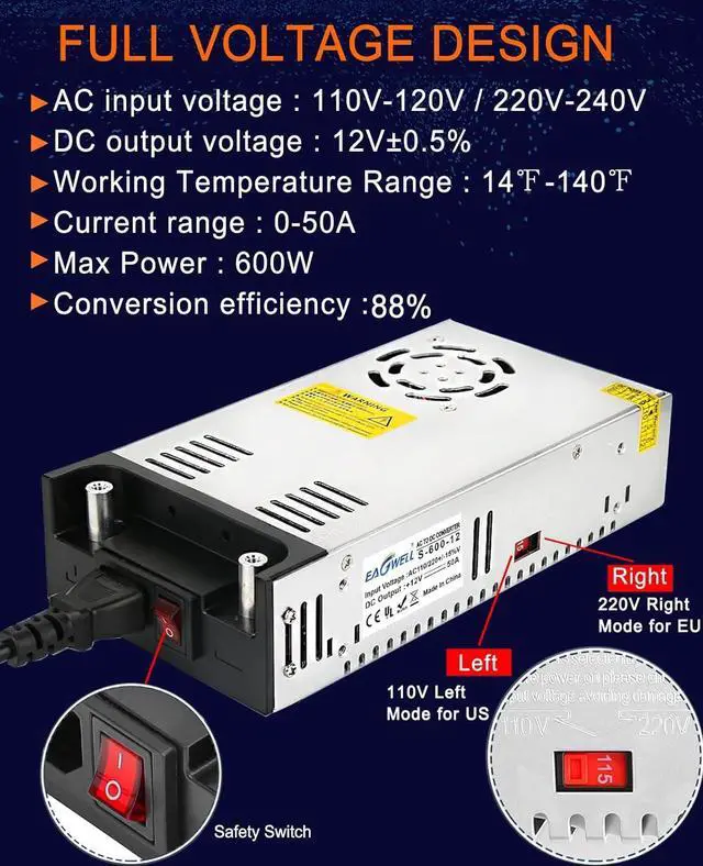 Alt view image 4 of 7 - AC to DC Converter 12V Power Supply, Universal SMPS 120V AC to 12V 50A 600W DC Converter Power Supply Transformer Driver Adapter for RV,Pump,LED Strip, LCD Monitor
