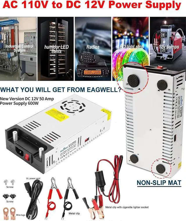 Alt view image 7 of 7 - AC to DC Converter 12V Power Supply, Universal SMPS 120V AC to 12V 50A 600W DC Converter Power Supply Transformer Driver Adapter for RV,Pump,LED Strip, LCD Monitor