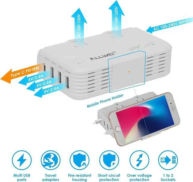 Alt view image 4 of 7 - ALLWEI International Travel Adapter 220V to 110V Power Voltage Converter for Hair Straightener/Curling Iron, Universal Power Plug Adapter UK, US, AU, EU, IT, India (White)