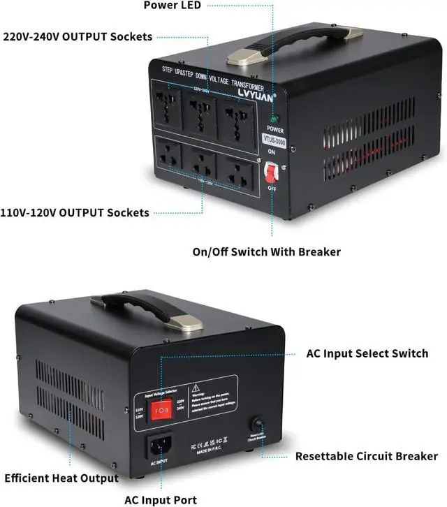 Alt view image 2 of 7 - LVYUAN 3000 Watt Voltage Converter Transformer Heavy Duty Step Up/Down AC 110V/120V/220V/240V Power Converter with 3 US Outlets, 3 Universal Outlets, Resettable Circuit Breaker Protection
