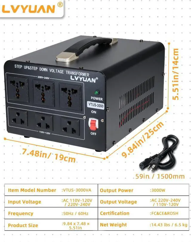 Alt view image 7 of 7 - LVYUAN 3000 Watt Voltage Converter Transformer Heavy Duty Step Up/Down AC 110V/120V/220V/240V Power Converter with 3 US Outlets, 3 Universal Outlets, Resettable Circuit Breaker Protection