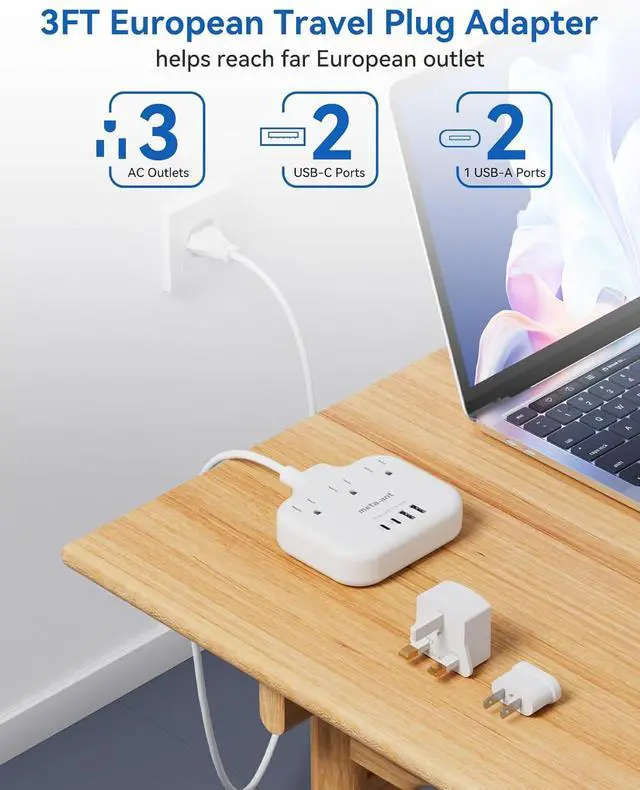 Alt view image 3 of 7 - European Travel Plug Adapter, US to European Plug Adapter with 3 American Outlets & 4 USB, 3ft European Power Cord, International Travel Power Strip, Type C for Europe EU Germany France, Travel, White