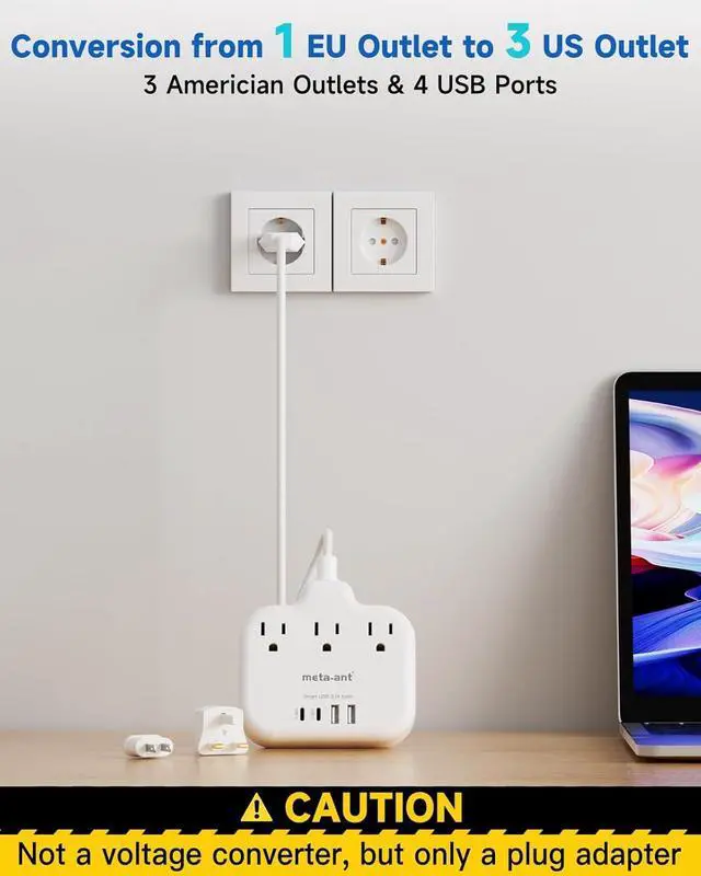 Alt view image 4 of 7 - European Travel Plug Adapter, US to European Plug Adapter with 3 American Outlets & 4 USB, 3ft European Power Cord, International Travel Power Strip, Type C for Europe EU Germany France, Travel, White