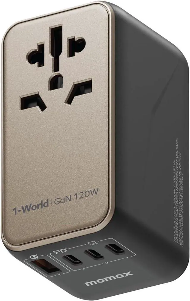 Main image of MOMAX Universal Travel Adapter, 120W GaN Fast International Power Adapter, 3 USB C & 1 USB A, Worldwide Travel Plug Adapter, All-in-One Worldwide Wall Charger for USA European UK AUS (Type C/G/A/I)