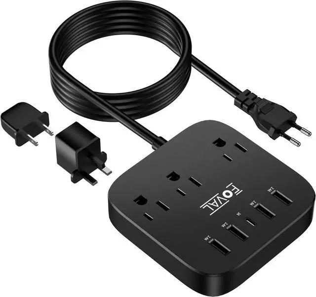 Main image of European Travel Plug Adapter, FOVAL EU UK US Power Strip with USB C and 4 USB Ports, 3 AC Outlets, Wall Mountable, 5ft Extension Cord, Compact for Travel, Cruise Ship, Home Office (Black)