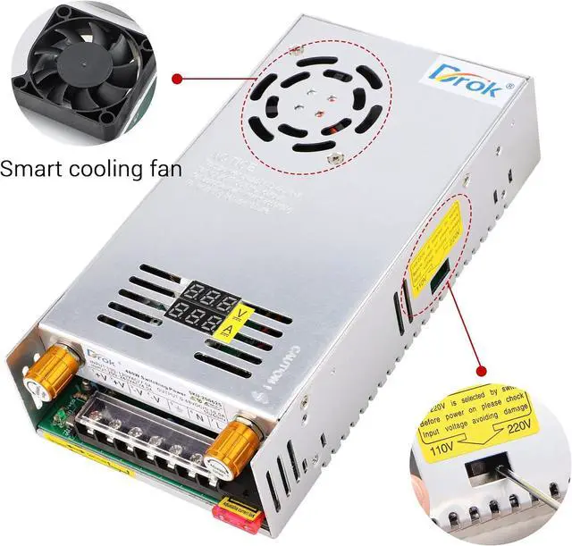 Alt view image 3 of 7 - DROK 48V Power Supply, AC 110V/220V to DC 0-48V 0-10A 480W Buck Converter, Volt Amp Adjustable Adapter Regulated 5V 12V 24V 30V 36V 48V Volt Switching Voltage LED Transformer Charger for Computer