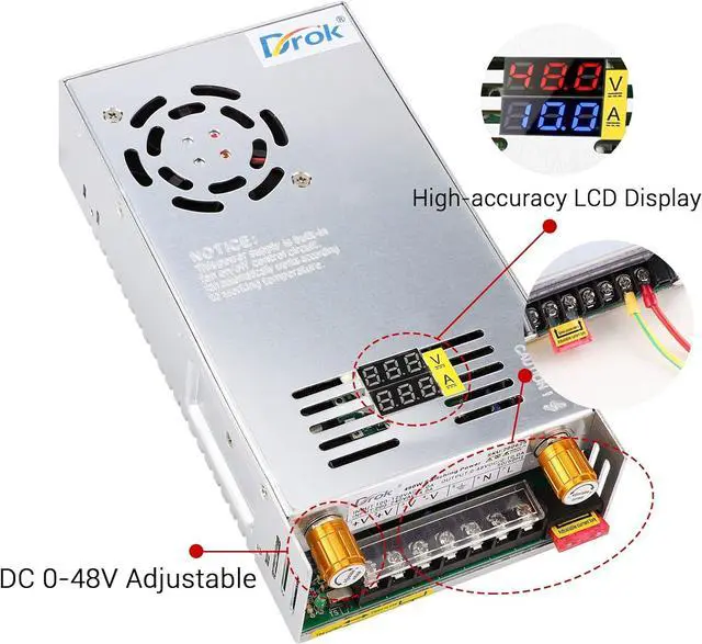 Alt view image 2 of 7 - DROK 48V Power Supply, AC 110V/220V to DC 0-48V 0-10A 480W Buck Converter, Volt Amp Adjustable Adapter Regulated 5V 12V 24V 30V 36V 48V Volt Switching Voltage LED Transformer Charger for Computer